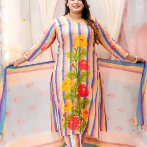 তাত কটন হাতের কাজ করা স্টিচড থ্রিপিস - Image 5