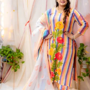 তাত কটন হাতের কাজ করা স্টিচড থ্রিপিস - Image 1