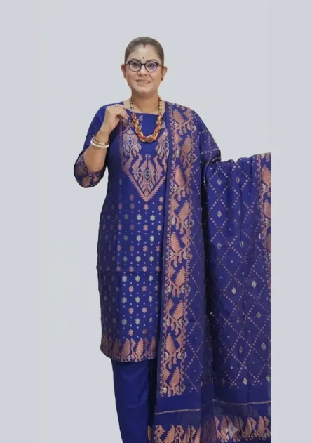 আনস্টিচড হাফ সিল্ক তাঁত জামদানী থ্রিপিস - Image 5