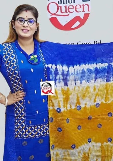 পিওর কটন বেক্সি ভয়েল হাতের কাজ টাই ডাই,কাঠ ব্লক স্টিচ থ্রিপিস - Image 3