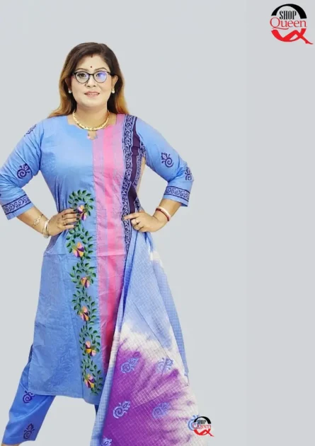 অরবিট ভয়েল কটন হাতের কাজ, কাঠ ব্লক ও টাই ডাই স্টিচড থ্রি-পিস - Image 3