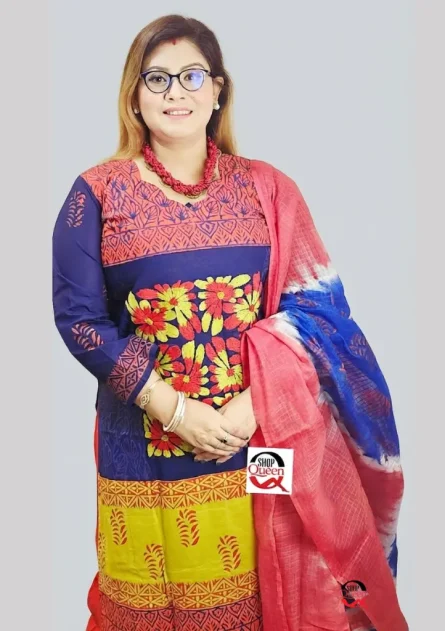 অরবিট ভয়েল কটন হাতের কাজ, কাঠ ব্লক ও টাই ডাই স্টিচড থ্রি-পিস - Image 2